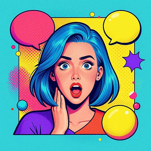 Bright, pop-art style digital drawing of a shocked woman with blue hair, wide eyes, red lips, and hand on cheek, surrounded by colorful bubbles