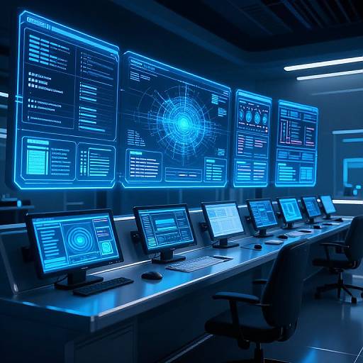 High-tech control room with blue-lit monitors displaying complex data, laptops, and ergonomic chairs lined along a sleek desk.