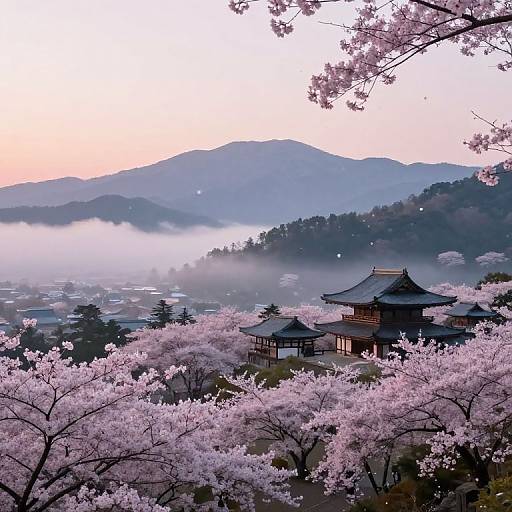 Photograph of a serene Japanese landscape at dawn, featuring pink cherry blossoms, traditional wooden pavilion, misty mountains, and a soft pastel