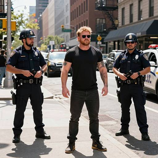 Photograph of a muscular, bearded man in black t-shirt and pants, flanked by two police officers in uniform, on a sunny city street
