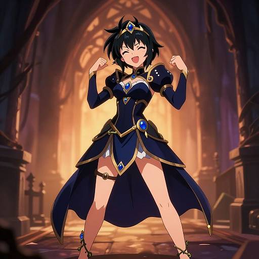 Anime-style digital illustration of a joyful, black-haired girl in a blue, gem-embellished fantasy dress, standing triumphantly in a glowing,