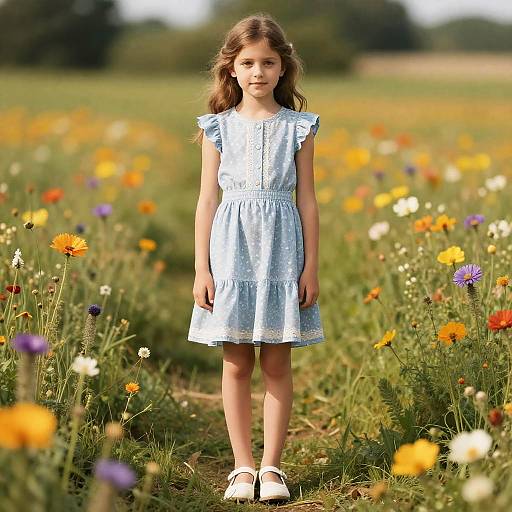 Photograph of a young girl with wavy brown hair, wearing a light blue dress and white shoes, standing in a sunlit field of colorful wild