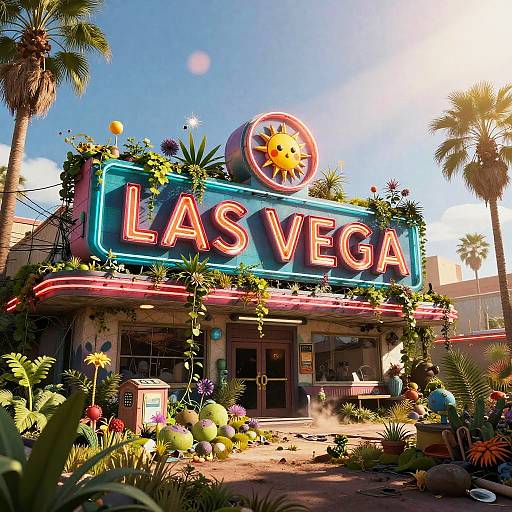 Bright, colorful CGI image of a Las Vegas neon sign surrounded by vibrant, tropical plants and balloons under a sunny sky.