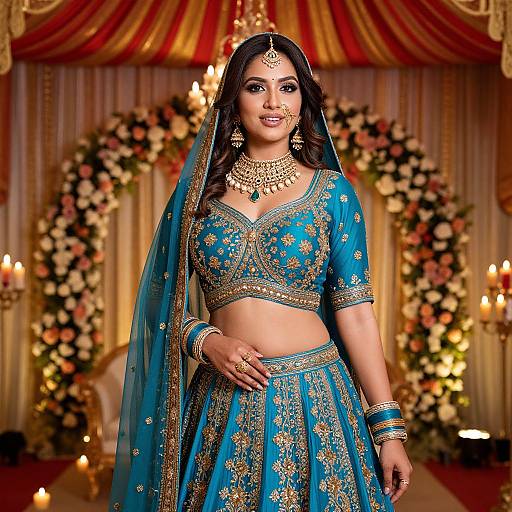 Photograph of an Indian bride in vibrant turquoise traditional attire with gold embroidery, standing in a luxurious, candlelit floral backdrop.