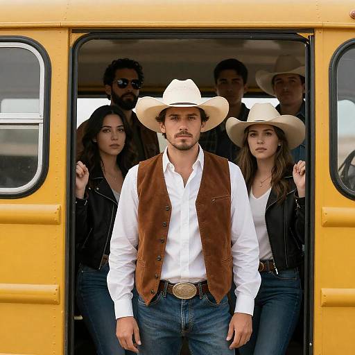 Serious Cowboy Leader by Yellow Bus