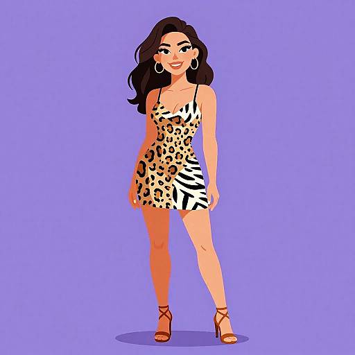 Digital illustration of a smiling woman with long black hair, wearing a leopard-print and zebra-patterned mini dress, orange high heels, and large hoop