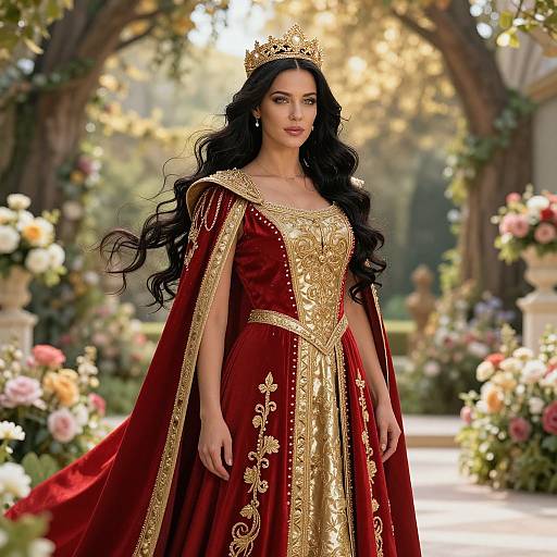 Regal Woman in Elegant Red and Gold