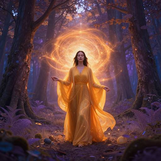 Photograph of a woman in a flowing, glowing orange dress, standing in a mystical forest, surrounded by radiant, swirling fire.