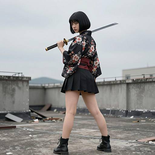 Intense Asian Warrior on Rooftop