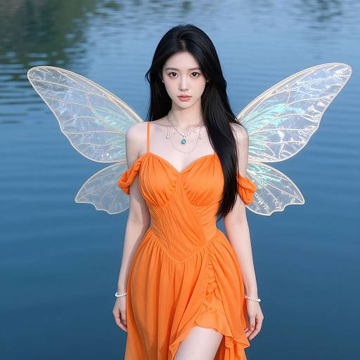 Photorealistic digital image of an East Asian woman with long black hair, wearing an orange off-shoulder dress and translucent fairy wings, standing by