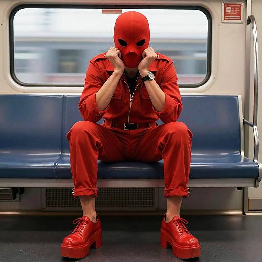 Bold Musician in Red Jumpsuit on Train