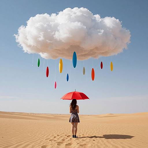 Photograph: Woman with red umbrella stands in desert, facing floating cloud with colorful balloons; bright blue sky, vast sandy landscape.