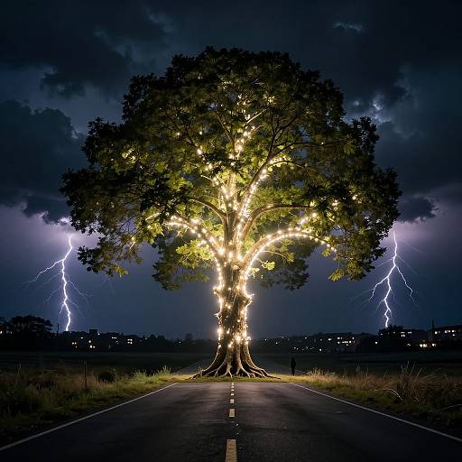 Majestic Glowing Tree in Stormy City