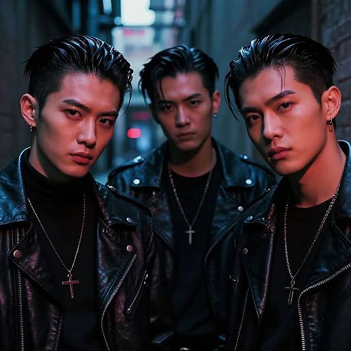 Photograph of three Asian men with slicked-back hair, wearing black leather jackets and cross necklaces, standing in a dimly lit urban alley at