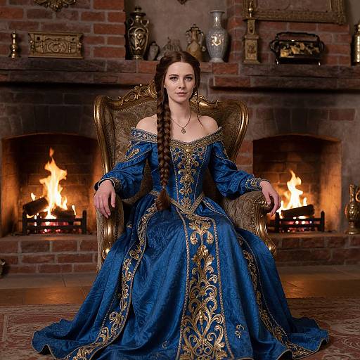 Medieval woman with long braid, blue off-shoulder gown with gold patterns, seated in ornate chair, in front of roaring fireplace.