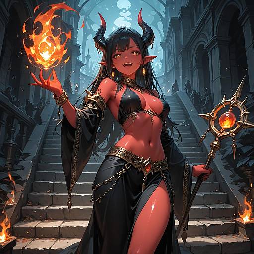 Demon Sorceress with Fire Magic on Gothic Stairs