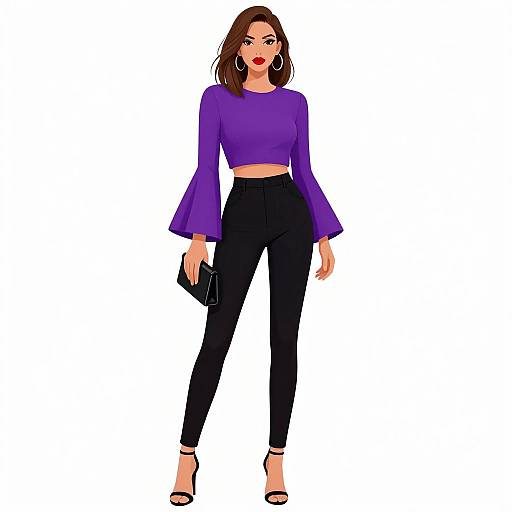 Digital illustration of a stylish woman with fair skin and brown hair, wearing a purple crop top, black high-waisted pants, and black heels,
