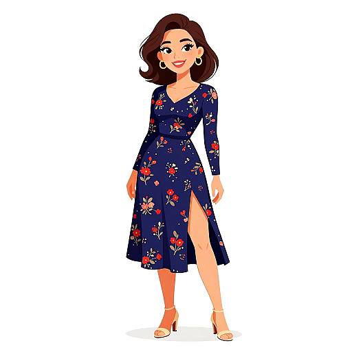 Digital illustration of a smiling woman with brown hair, wearing a navy floral dress with a thigh-high slit, white heels, and hoop earrings, standing against