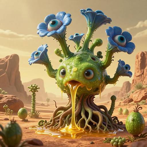 Digital art of a bizarre, green, plant-like creature with blue, eye-adorned flowers, dripping honey, in a desert with cacti