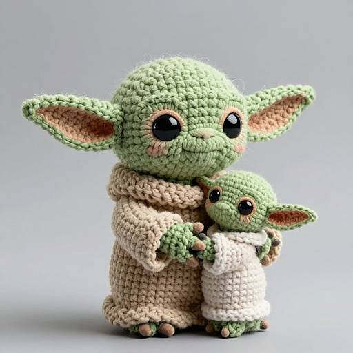 Photograph of two crocheted Yoda-like green creatures with large black eyes, one in beige robe, hugging smaller one in white robe,