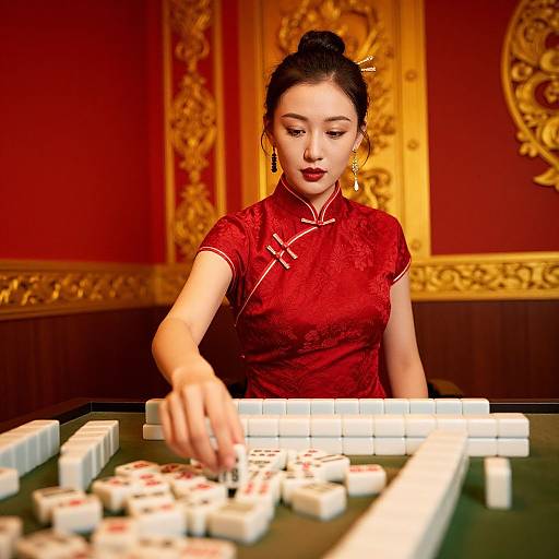 Photograph of an Asian woman with dark hair in a bun, wearing a red cheongsam, playing mahjong in an ornate, gold-ac
