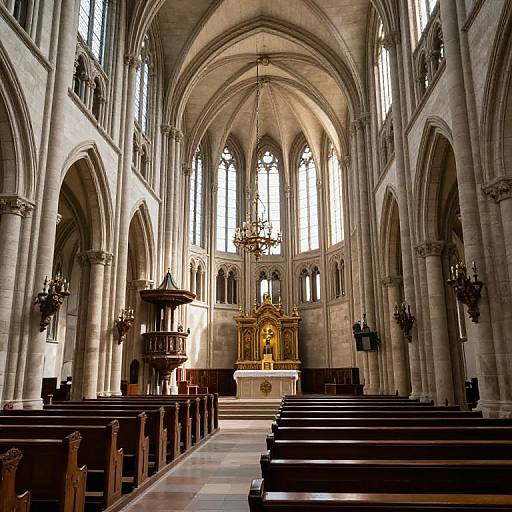 Photograph of a grand Gothic cathedral interior with high arched ceilings, tall stone columns, dark wooden pews, ornate chandeliers, and