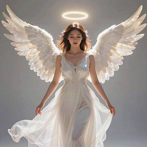 Photograph of a fair-skinned, brunette angel with glowing white wings, halo, and flowing white lace dress, illuminated against a gray background.