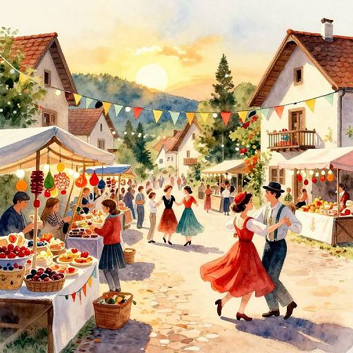 Quaint Village Fete in Watercolor