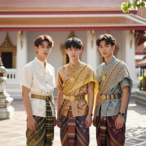 Photograph of three young Asian men in traditional Thai attire, standing in front of a temple with ornate architecture. Each wears a different colored sash