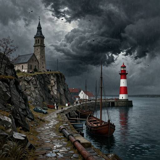Dramatic photograph of a stormy seascape featuring a red and white lighthouse, rocky cliff with a church, and moored sailboats.