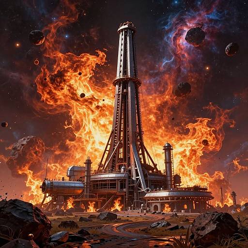 Digital painting of an oil rig engulfed in fiery, orange-red flames, with a dark, starry sky and floating space debris.