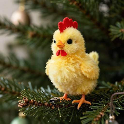 Photograph of a fluffy, yellow chick with a red comb and beak perched on a green Christmas tree branch.