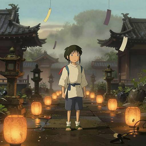 Teenage Boy in Misty Temple Garden with Lanterns