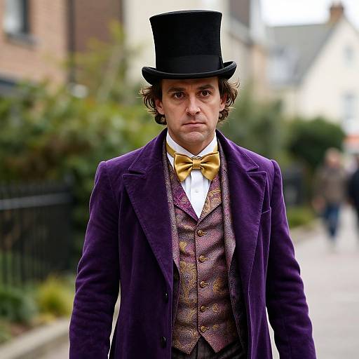 Photograph of a man in Victorian attire, wearing a black top hat, purple velvet coat, brown patterned vest, yellow bow tie, standing on