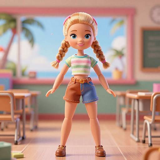 3D Cartoon Girl in Colorful Summer Outfit in Classroom