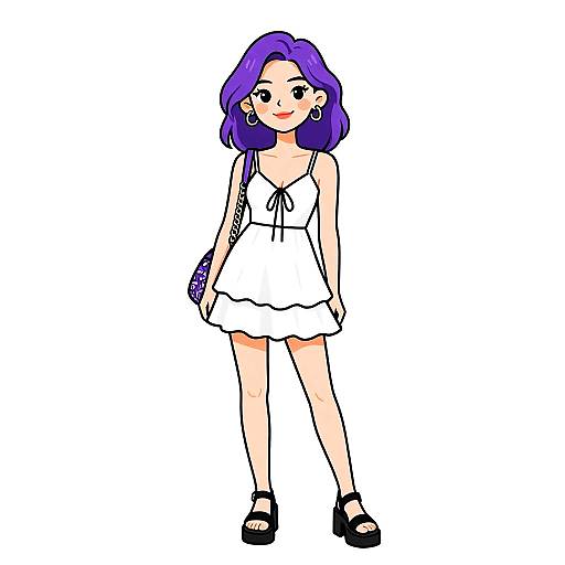Digital drawing of a cute anime-style girl with purple hair, wearing a white sleeveless dress, black platform sandals, and purple wristbands.