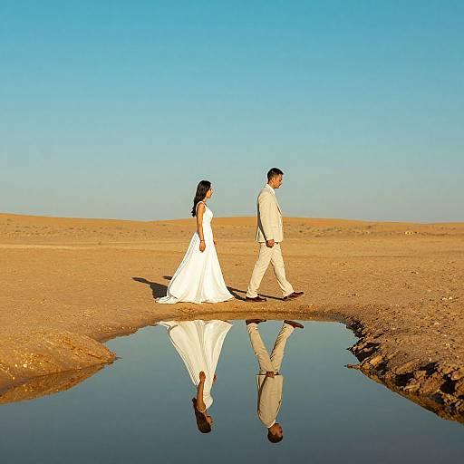 Photograph of a bride in white gown and groom in white suit walking hand-in-hand across a desert landscape, reflected in a small water puddle under