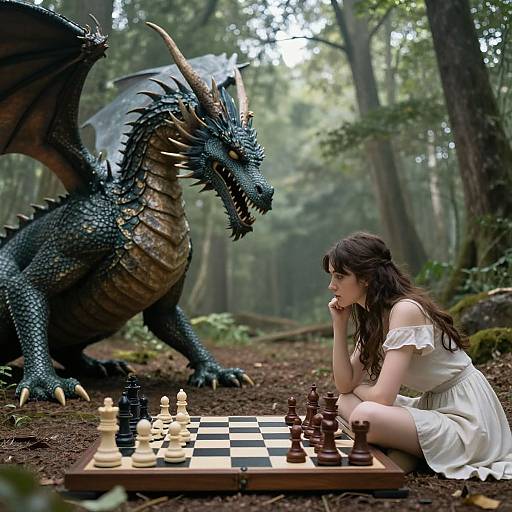 Photograph of a fair-skinned woman in a white dress, sitting in a forest, playing chess with a large, green-scaled dragon.