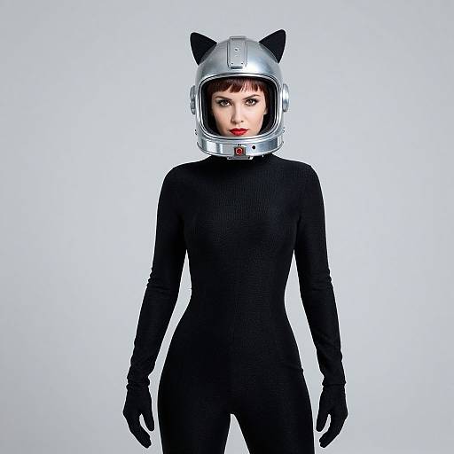 Photograph of a pale-skinned woman with straight black hair, wearing a black catsuit, silver helmet with black cat ears, and black gloves,