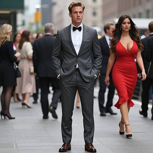 Photograph of a handsome, brown-haired man in a gray tuxedo and black bow tie, standing confidently in a busy urban street, with a