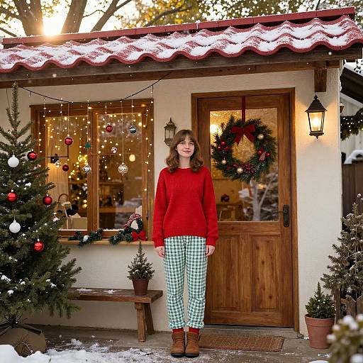 Photograph of a smiling woman in a red sweater, green checkered pants, and brown boots standing in front of a festive, snow-covered wooden house