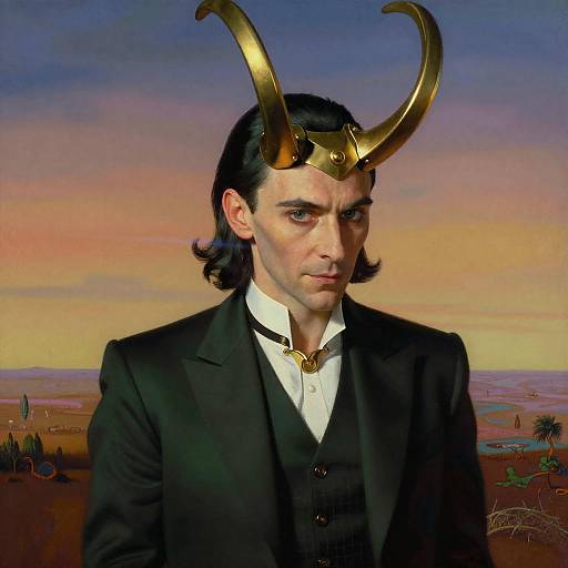 Photorealistic digital artwork of a stern-looking man with black hair, wearing a golden horned helmet, black suit, white shirt, and gold necklace