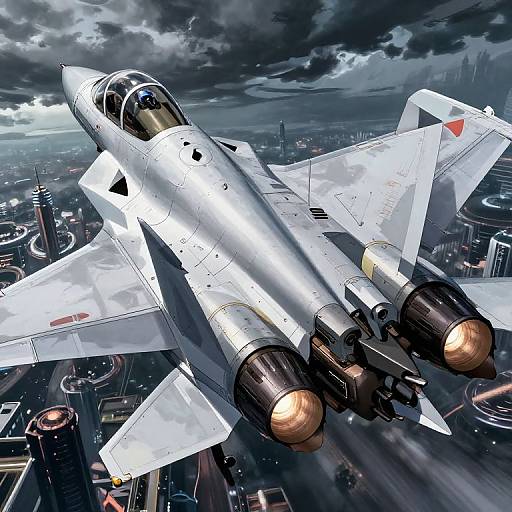 Digital illustration of a silver, dual-engine fighter jet soaring above a cityscape under a dramatic, cloudy sky. Jet's engines glow warmly.