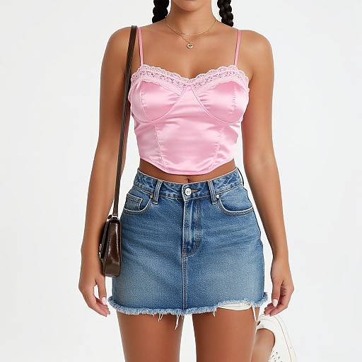 Photograph of a woman wearing a pink satin lace-trimmed camisole and blue denim frayed-skirt, with a brown shoulder bag and