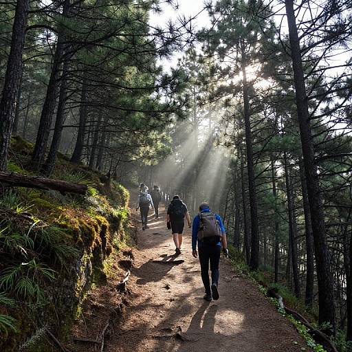 Photograph of hikers walking on a sunlit forest trail, surrounded by tall pine trees, with sunlight piercing through the canopy.