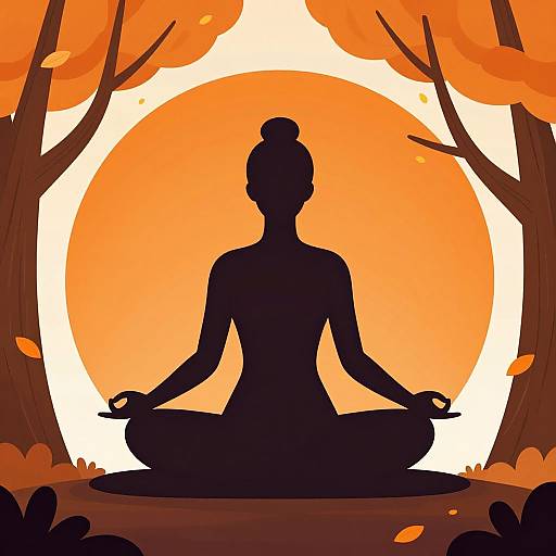 Silhouette of a woman in lotus position, meditating, with an orange sun and autumn trees in the background. Digital illustration.