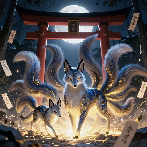 Digital artwork of a mystical blue fox with nine glowing tails, standing before a red torii gate under a full moon, surrounded by floating Japanese prayer flags