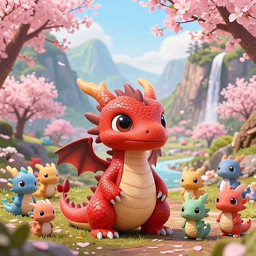 CGI image of a red, cute, chubby dragon with large eyes, surrounded by colorful, small dragons, under pink cherry blossoms, by a