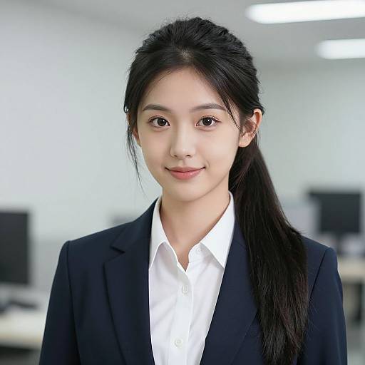 Photograph of an Asian woman with long black hair in a ponytail, wearing a black blazer and white shirt, smiling softly in a brightly lit