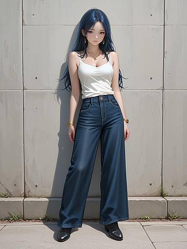 Casual Young Woman in White Sleeveless Top and Dark Blue Wide-Leg Jeans